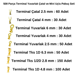 500 Parça Terminal Yuvarlak Çatal Ve Mini Uçlu Pabuç Seti