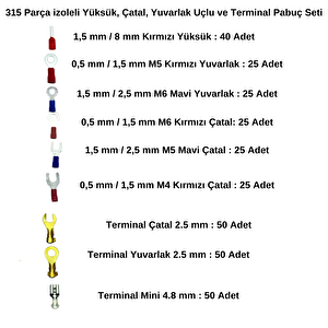 315 Parça Izoleli Yüksük, Çatal, Yuvarlak Uçlu Ve Terminal Pabuç Seti