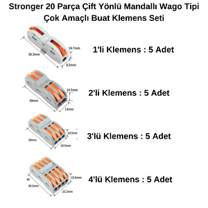 20 Parça Çift Yönlü Mandallı Wago Tipi Çok Amaçlı Buat Klemens Seti