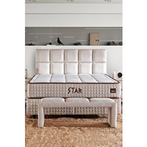 Star Yatak Seti 100x200 Cm Tek Kişilik Yaylı Sert Ortopedik Yatak Krem Keten Lüks Baza Başlık Takımı 100x200 cm