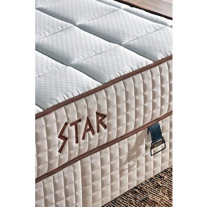 Star Yatak Seti 90x190 Cm Tek Kişilik Yaylı Sert Ortopedik Yatak Krem Keten Lüks Baza Başlık Takımı 90x190 cm