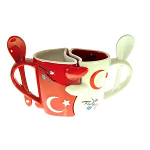 2 Li̇ Sarılan Küçük Türk Bayraklı Bardak Kupa Dekoratif Hediyelik Seramik