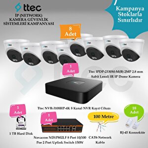 İp (network) 8 Adet Dome 2 Mp Güvenlik Kamera Seti