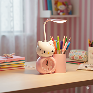 Hello Kitty Masa Lambası, Masa Saati̇ Ve Kalemlik, Pembe, 18x15
