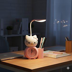 Hello Kitty Masa Lambası, Masa Saati̇ Ve Kalemlik, Pembe, 18x15