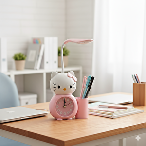 Hello Kitty Masa Lambası, Masa Saati̇ Ve Kalemlik, Pembe, 18x15
