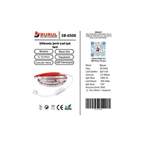 Sb-6508 5 Metre Beyaz Işık Yapışkanlı Yüksek Lümen Silikonlu Şerit Led Işık Fişli Aydınlatma