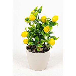 Beyaz Plastik Saksıda Bambu Gövdeli Yapay Mandalina Ağacı 25 Cm Limon