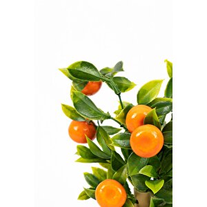 Beyaz Plastik Saksıda Bambu Gövdeli Yapay Mandalina Ağacı 25 Cm Mandalina