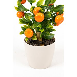Beyaz Plastik Saksıda Bambu Gövdeli Yapay Mandalina Ağacı 25 Cm Mandalina