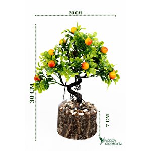 Taş Detaylı Odun Saksıda Yapay Bonsai Ağacı Turuncu