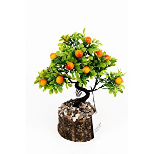 Taş Detaylı Odun Saksıda Yapay Bonsai Ağacı Turuncu