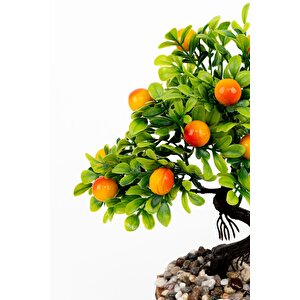 Taş Detaylı Odun Saksıda Yapay Bonsai Ağacı Turuncu