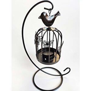 Ferforje Kuş Kafesi Tealight Mumluk Dekoratif Mumluk Siyah