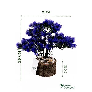 Taş Detaylı Odun Saksıda Yapay Bonsai Ağacı Mor