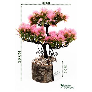 Taş Detaylı Odun Saksıda Yapay Bonsai Ağacı Pembe