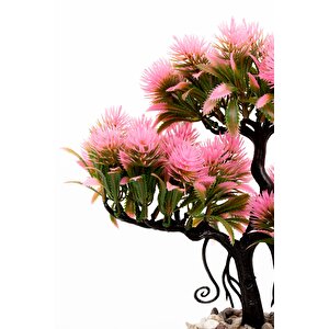 Taş Detaylı Odun Saksıda Yapay Bonsai Ağacı Pembe