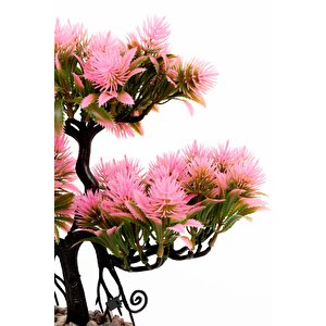 Taş Detaylı Odun Saksıda Yapay Bonsai Ağacı Pembe