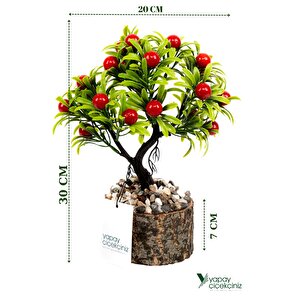 Taş Detaylı Odun Saksıda Yapay Bonsai Ağacı Kırmızı
