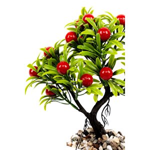 Taş Detaylı Odun Saksıda Yapay Bonsai Ağacı Kırmızı