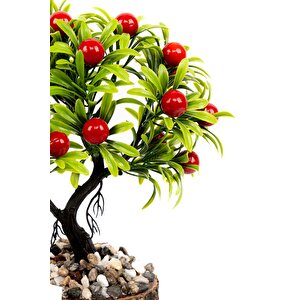 Taş Detaylı Odun Saksıda Yapay Bonsai Ağacı Kırmızı