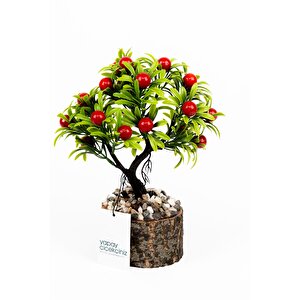 Taş Detaylı Odun Saksıda Yapay Bonsai Ağacı