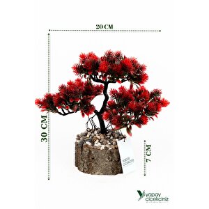 Taş Detaylı Odun Saksıda Yapay Bonsai Ağacı Bordo