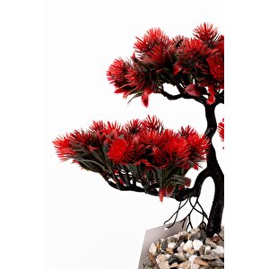 Taş Detaylı Odun Saksıda Yapay Bonsai Ağacı Bordo