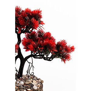 Taş Detaylı Odun Saksıda Yapay Bonsai Ağacı Bordo