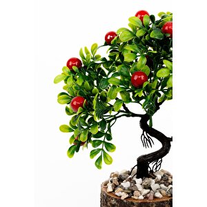 Taş Detaylı Odun Saksıda Yapay Bonsai Ağacı Vişne