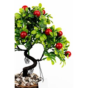 Taş Detaylı Odun Saksıda Yapay Bonsai Ağacı Vişne