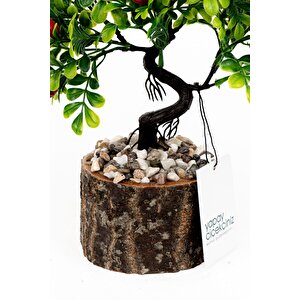 Taş Detaylı Odun Saksıda Yapay Bonsai Ağacı Vişne