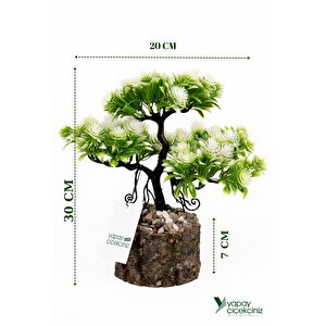 Taş Detaylı Odun Saksıda Yapay Bonsai Ağacı Çok Renkli
