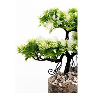 Taş Detaylı Odun Saksıda Yapay Bonsai Ağacı Çok Renkli
