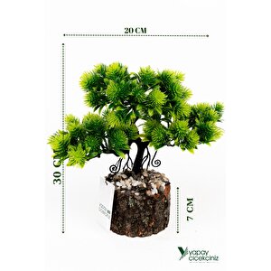 Taş Detaylı Odun Saksıda Yapay Bonsai Ağacı Koyu Yeşil