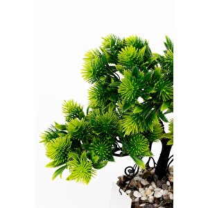 Taş Detaylı Odun Saksıda Yapay Bonsai Ağacı Koyu Yeşil