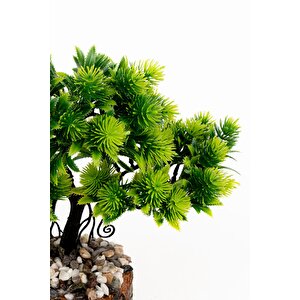 Taş Detaylı Odun Saksıda Yapay Bonsai Ağacı Koyu Yeşil