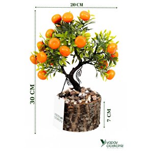Taş Detaylı Odun Saksıda Yapay Bonsai Ağacı Mandalina