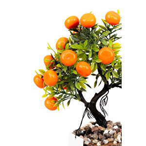 Taş Detaylı Odun Saksıda Yapay Bonsai Ağacı Mandalina