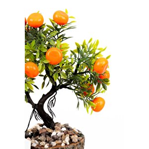 Taş Detaylı Odun Saksıda Yapay Bonsai Ağacı Mandalina