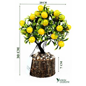 Taş Detaylı Odun Saksıda Yapay Bonsai Ağacı Limon