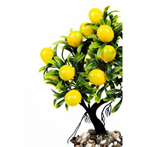 Taş Detaylı Odun Saksıda Yapay Bonsai Ağacı Limon