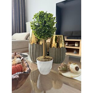 Yapay Ağaç Şimşir Top Tek Toplu 12x31cm Beyaz Saksıda