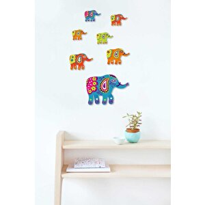 7 Parça Dekoratif Ahşap Renkli Desenli Fil