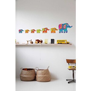 7 Parça Dekoratif Ahşap Renkli Desenli Fil