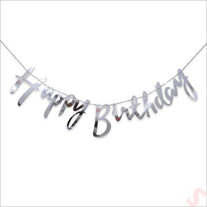 Happy Birthday Parlak Karton Kaligrafi Banner, 2 Mt - Gümüş