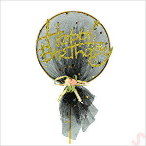 Happy Birthday Tüllü Metal Pasta Süsü, 21cm X 11cm - Siyah