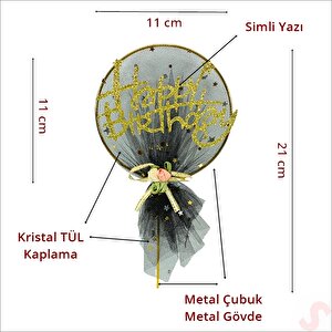 Happy Birthday Tüllü Metal Pasta Süsü, 21cm X 11cm - Siyah