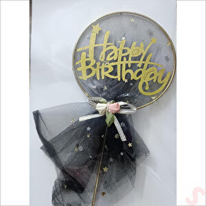 Happy Birthday Tüllü Metal Pasta Süsü, 21cm X 11cm - Siyah