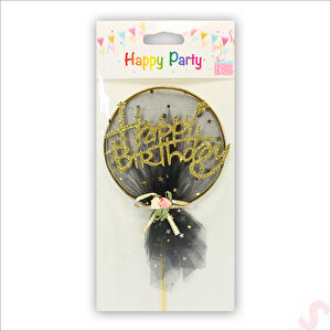 Happy Birthday Tüllü Metal Pasta Süsü, 21cm X 11cm - Siyah